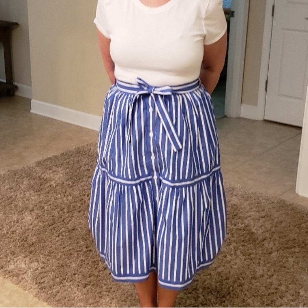 J. Crew Blue and White Striped Midi Skirt